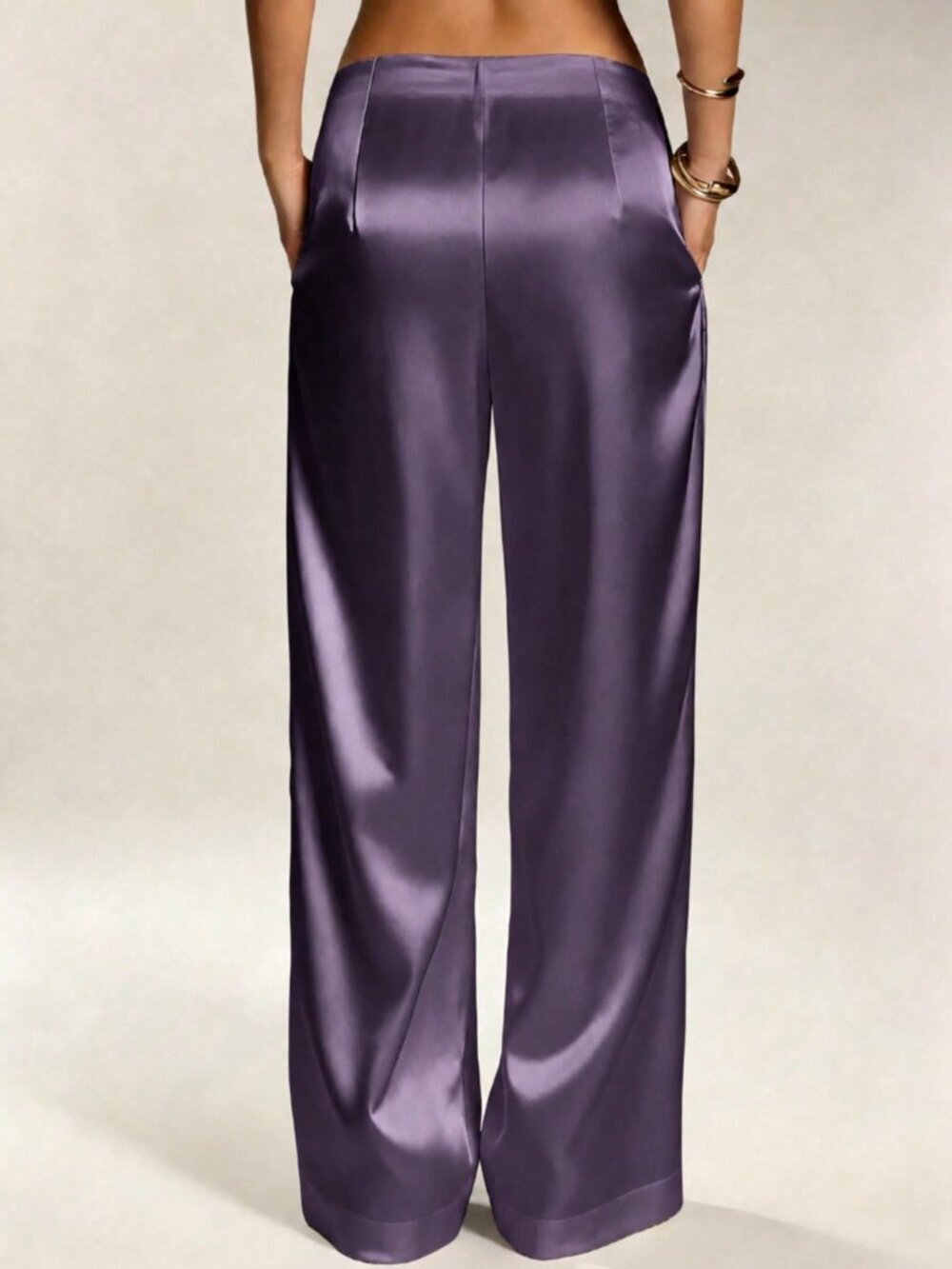 Purple Casual Women's Satin Silk Pants With Pockets And Zipper - Picture 2 of 4